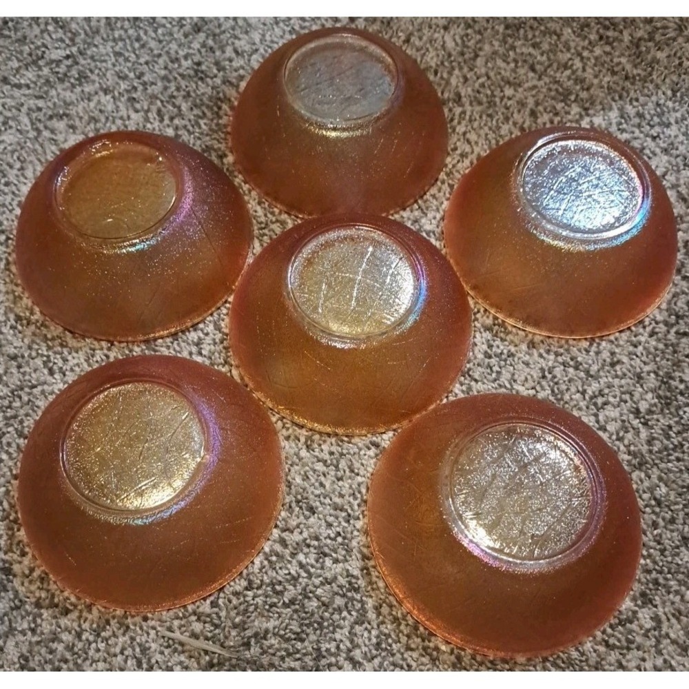 Set Of 6 Vintage Marigold‎ Orange Iridescent Carnival Glass Dessert Berry Bowls